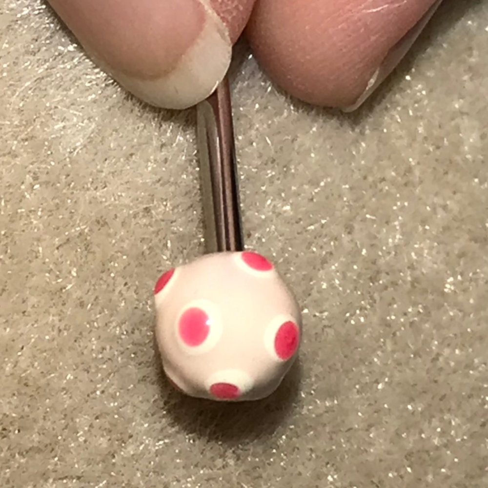 14 Gauge White and Pink Polka Dot Design Tongue Ring